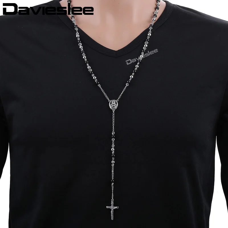 Davieslee мужское ожерелье бусина из нержавеющей стали цепь для женщин Иисуса христианский крест кулон длинный четки ожерелье DLKN375-377