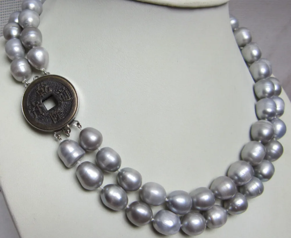 

FREE SHIPPING HOT sell new Style >>>>huge 2 STRAND SOUTH SEA 10-13 MM GRAY AAA PEARL NECKLACE 18inch-19inch clasp