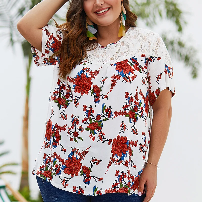 Ovesize Blouse Women Shirts Tops Big Size Floral Print Loose Chiffon Blusas Lce Patchwork Female Shirt Plus Size Mujer A062