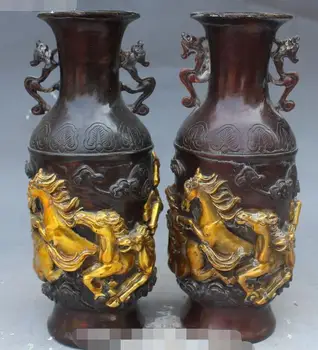 

10" China Bronze Gilt Horse Success Running Flower Vase Bottle Vase Statue Pair
