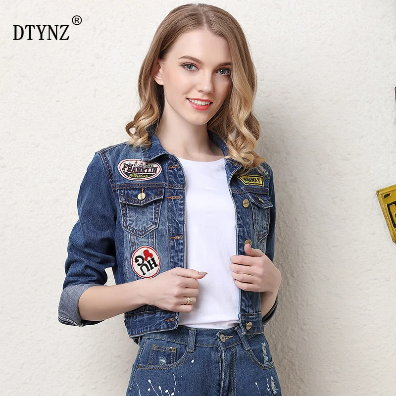 

DTYNZ Women Cropped Jean Jacket Blue individuality Appliques Short Denim Jackets Ms. Casual Slim Cotton Jeans Coat Long Sleeve
