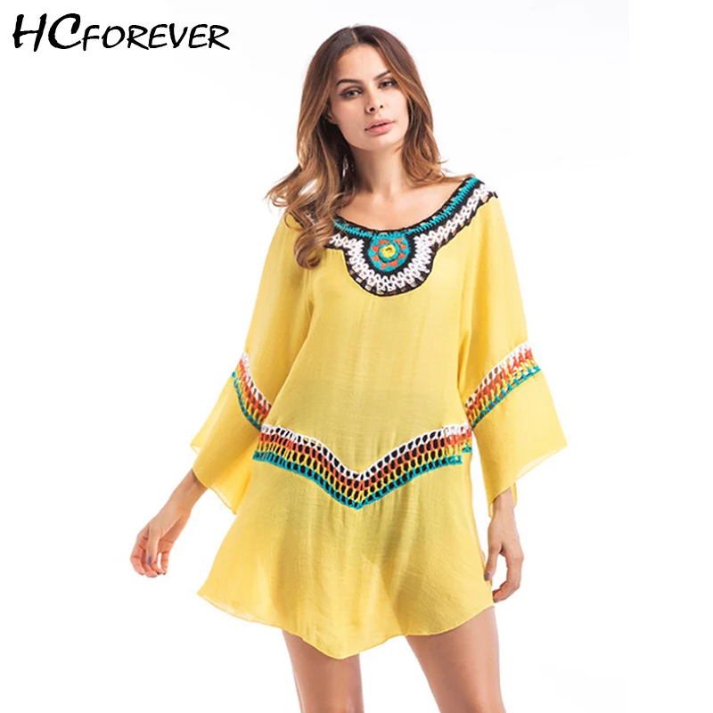 Повседневное Boho футболка Для женщин лето хлопок вышивка белый цвет желтый синий