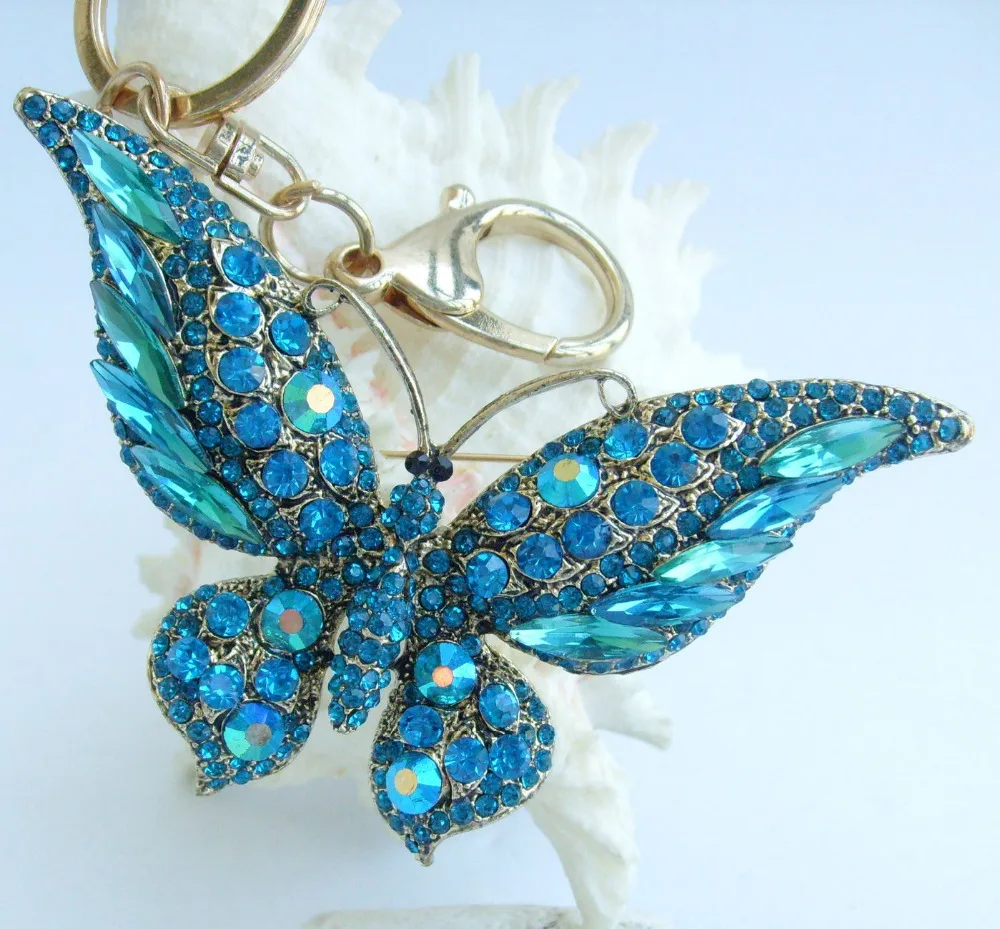 Pretty Butterfly Keychain Pendant Blue Green Rhinestone Crystal