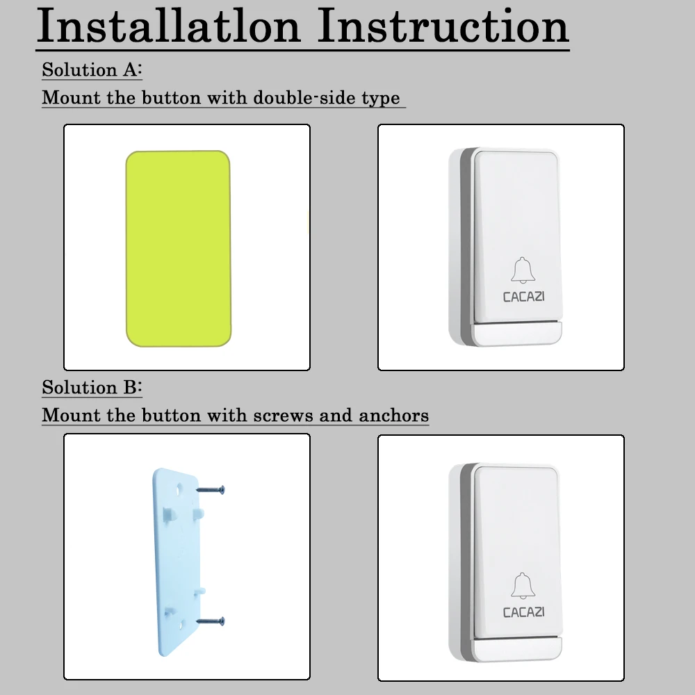 CACAZI Self-powered Wireless Doorbell Waterproof No Battery LED Flash US Plug Home Cordless door bell 1 Button 1 2 Receiver