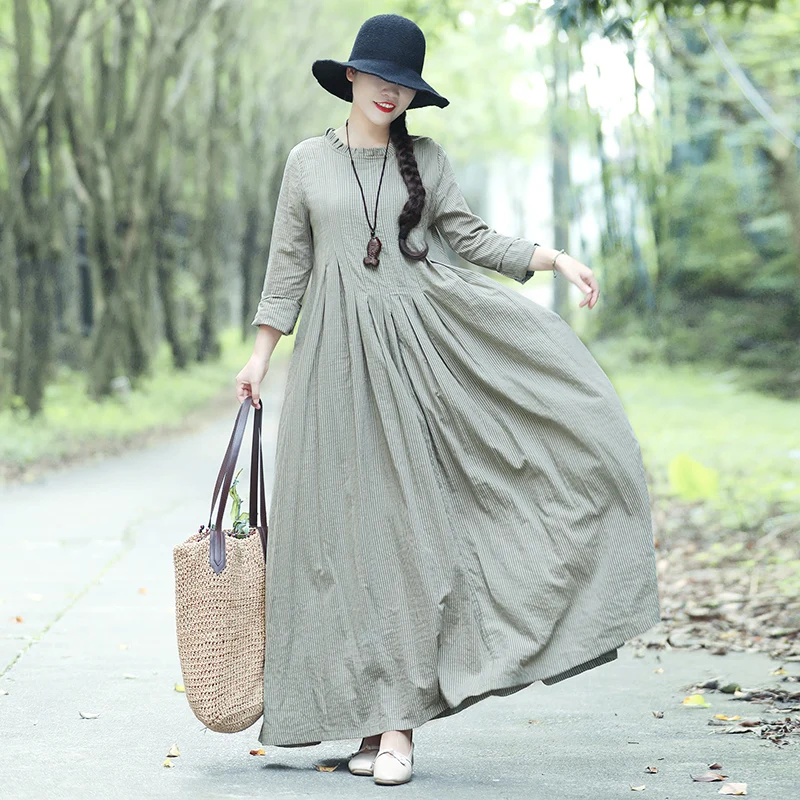 Ceny Vintage Cotton Linen styl mori girl długa sukienka 2019 lato z długim rękawem luźny wąski pasek Casual modny guzik Maxi sukienka tunika kobiet