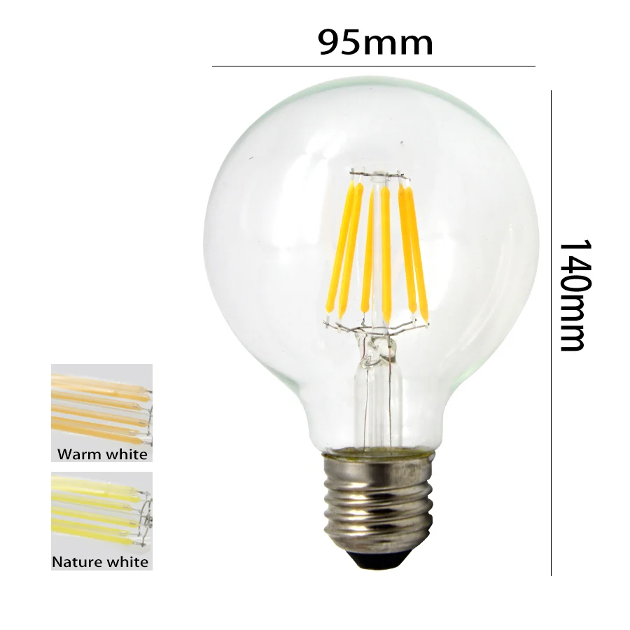 G95 Tea-Warm Yellow Светодиодный светильник накаливания G80 G95 G125 E27, винтажный светодиодный светильник Эдисона, 2 Вт, 4 Вт, 6 Вт, 8 Вт, большой Глобус, лампа для чая из прозрачного стекла, теплый желтый - Испускаемый цвет: G95 Tea-Warm Yellow
