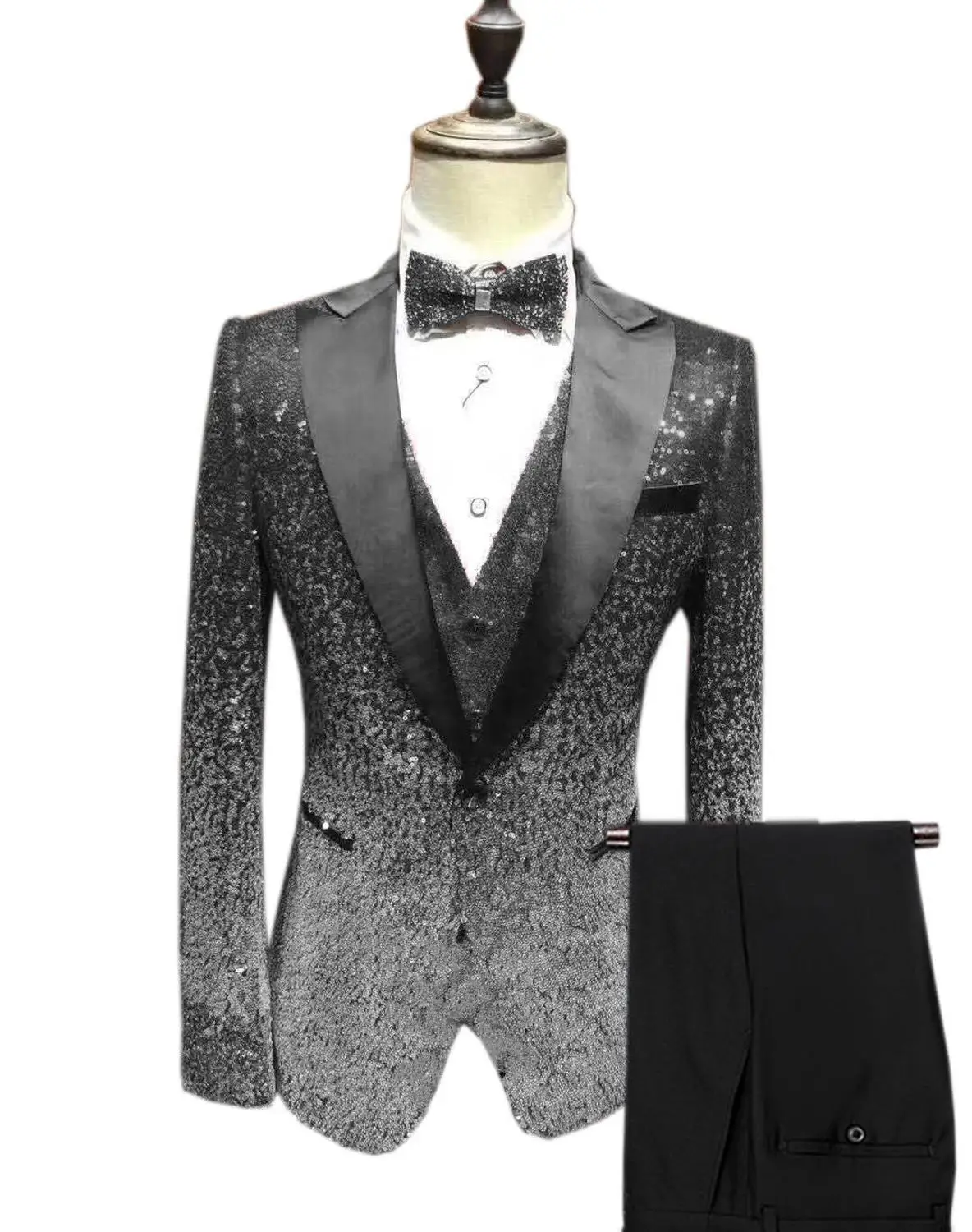 Мужской костюм с пайетками, 3 предмета, блестящий, приталенный смокинг, пиковый лацкан с тупым углом, вечерние, свадебные, для жениха, для банкета, ночного клуба(Блейзер+ жилет+ брюки - Цвет: Black-Silver