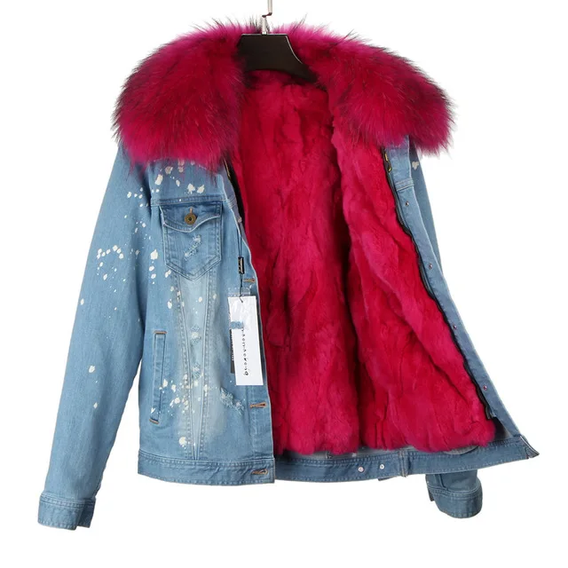 Брендовая Новинка, осенне-зимняя куртка, пальто, женская джинсовая куртка с дырками, настоящий большой воротник из меха енота, натуральный мех кролика, толстая теплая подкладка - Цвет: rabbit fur liner