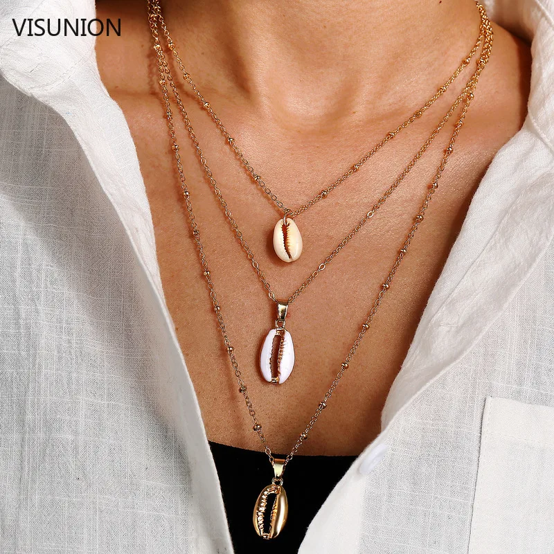 

Golden 3 Layers Choker Collar Natural Conch Shell Necklace Boho Necklace Jewelry Gift