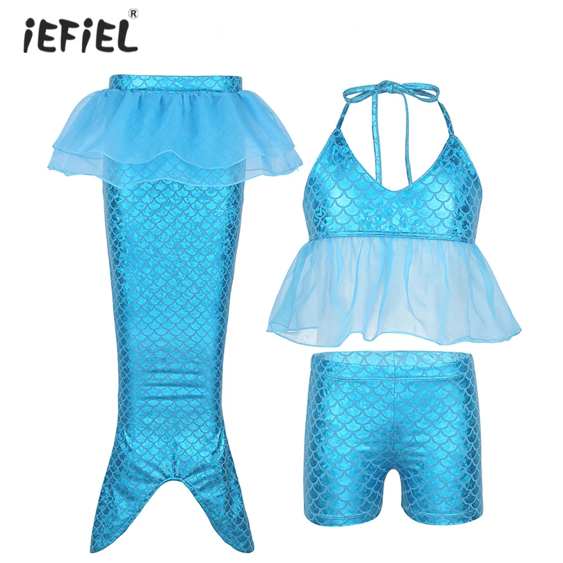 

3Pcs Little Kids Girls Mermaid Swimwear Costume Shiny Mermaid Tail Outfit Bikini Swimsuit Bathing Suit Halter Tops with Shorts