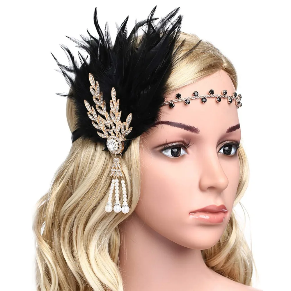 

Art Deco 1920's Flapper Great Gatsby Inspired Leaf Medallion Pearl Headband Black Feather (Gold and Black Feather)