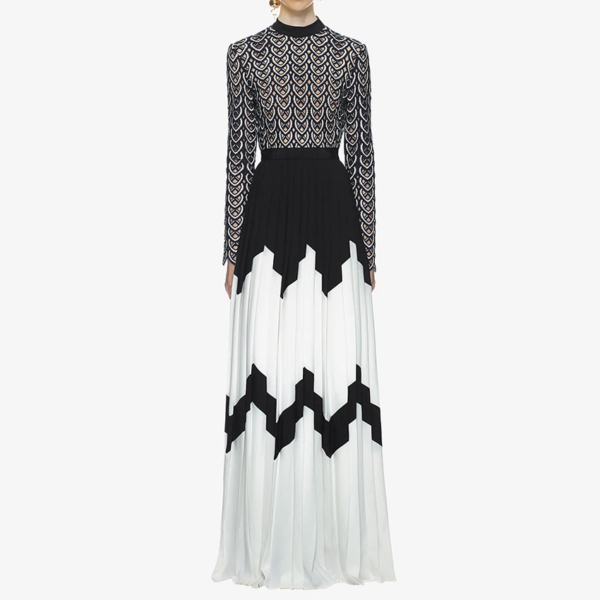 

EXCELLENT QUALITY Self Portrait Dress Designer Long Sleeve Lace Embroidery Color Block Elegant Patchwork Pleated Maxi Long Dress
