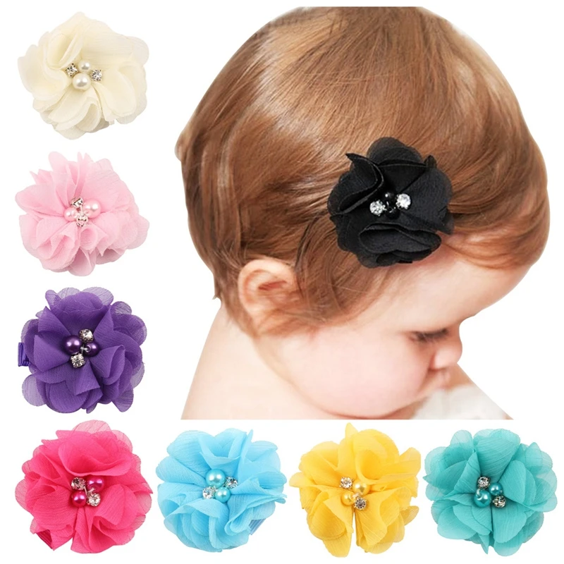 10Pcs Baby Chiffon Flower Hair Clips Rhinestone Toddler Hairpins Girls