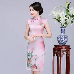 Новое поступление розовые короткие Для женщин Qipao Китайский Винтаж сексуальное платье с цветочным принтом Cheongsam воротник-стойка шелк Vestidos