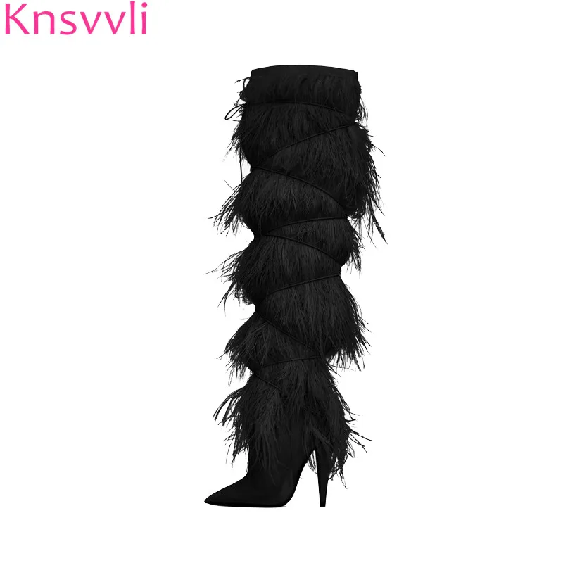 

Runway High Heel Women Long Boots Fringe Feather Sexy Point Toe Knee High Boots Cross Tied Black Kid Suede Botas Feminine Winter
