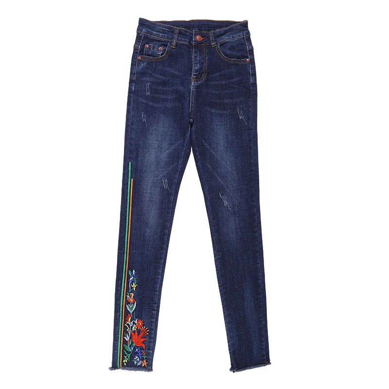 

Plus Size 26-32 Women Stretch Slim Jeans 2017 New Ladies Floral Embroidered High Waist Pencil Denim Pants Femme Trousers L1193
