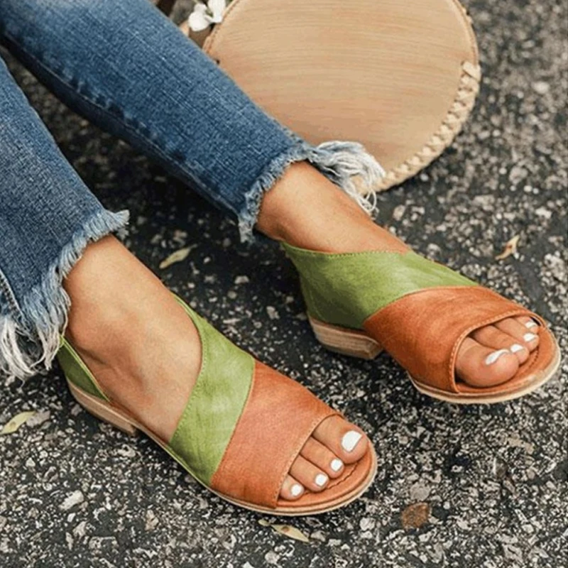

Puimentiua Summer Fish Mouth Flat Heels Women Sandals Leather Causal Shoes Woman Peep Toe Sandalias Plus Size 43