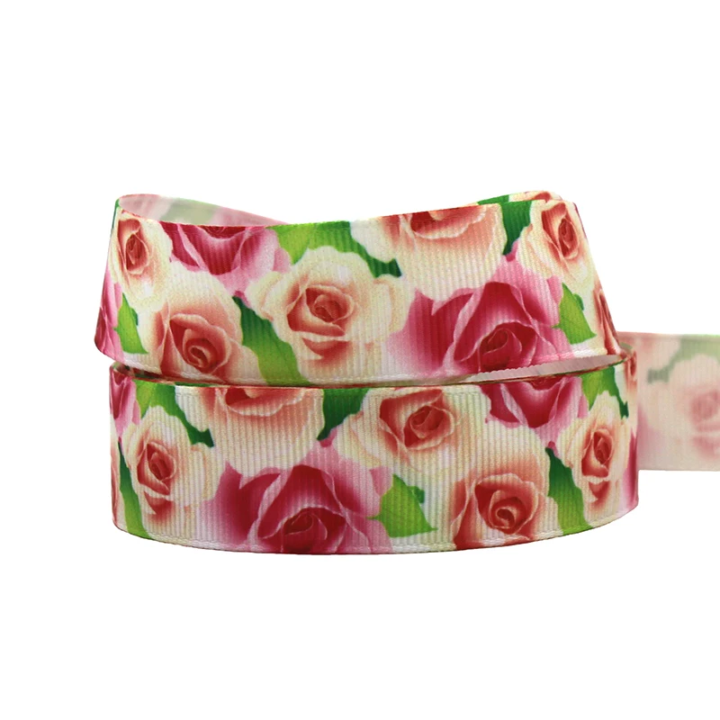 

[IuBuFiGo] 60 yards 7/8" 22mm Rose Flowers Printed Grosgrain ribbon Pink ribbons DIY Bows Wedding Party Decoration