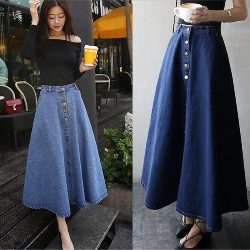 

ZXRYXGS Women's High Waist Cowboy Skirts 2019 Summer New Single Breasted Big Swing A Word Skirt Fashion Blue Jeans Long Skirt