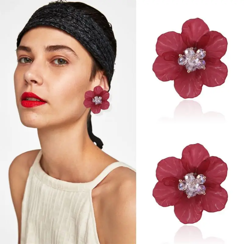 

6 Colors New Fashionable Seaside Resort Style Exaggerated Crystals Large Flowers Camellia Flower Stud Earrings For Women Girl