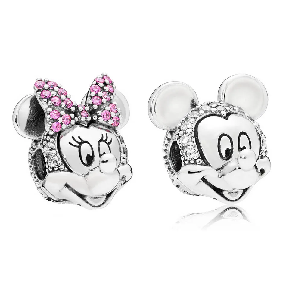 

S925 Silver DIY Jewelry Minnie & Mickey Portraint Clip Stopper Charms fit Pandora Bracelet Bangle Pave Purple & Clear