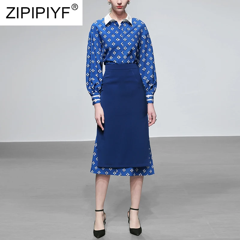 

2019 Spring New Arrival Runway Designer Floral Print Elegant Blouse Shirt and Pencil Skirt Outfit Set C2001