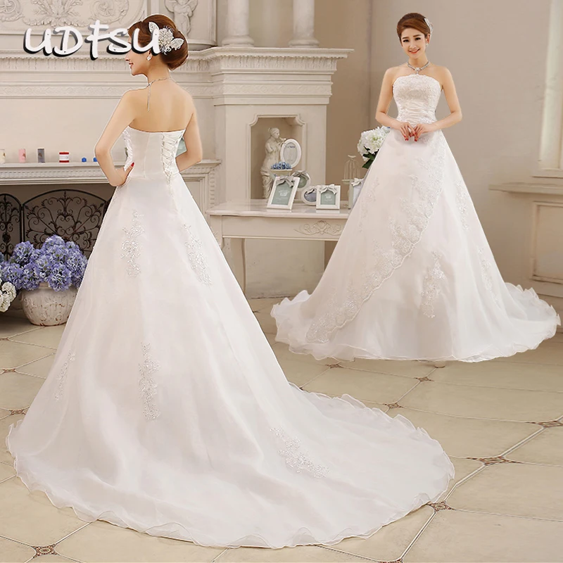 

New Women Elegant Train Wedding Dress Strapless Wedding Gowns Layered Bridal Dresses Layered Off Shoulder Train Dress By UDFSU