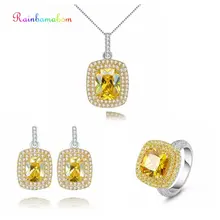 Rainbamabom Роскошные настоящие 925 пробы Серебряное цитриновое драгоценное камень белое золото серьги шпильки кольцо ожерелье женский ювелирный набор торговля