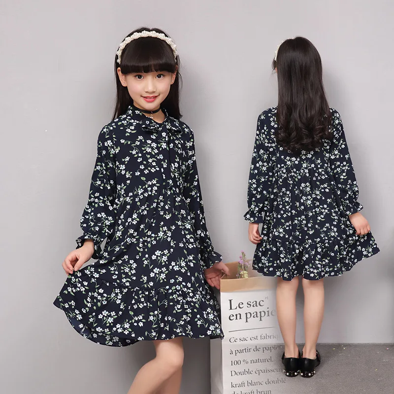 

Kids Girls long-sleeved floral dress summer 2017 new baby girls' clothing fashion simple bow dress 4/5/6/7/8/9/10/11/12/13