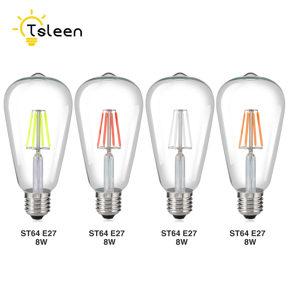

TSLEEN 1PC E27 8W Retro Edison Filament Colorful LED Bulb Vintage Ball Light ST64 Lamp AC110V 220V 85-265V Green Blue Red Rosy