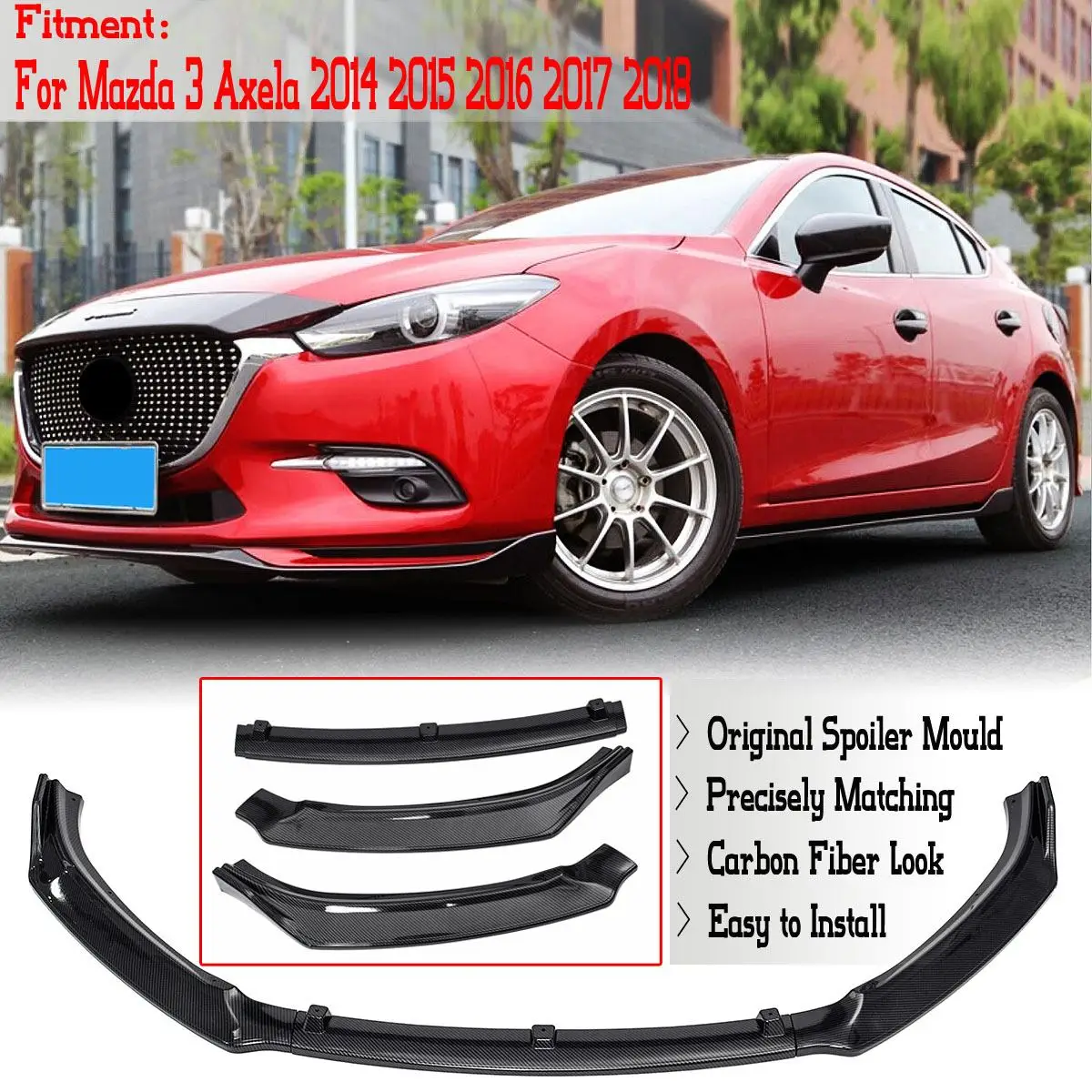 3 unids/set parachoques delantero labio Protector de la cubierta para Mazda Axela 3 para 2014, 2015, 2016, 2017, 2018 de fibra de carbono estilo spoiler