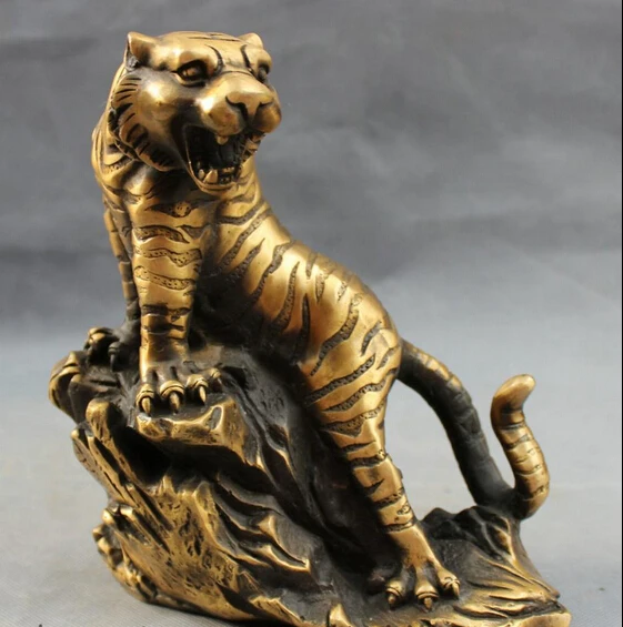 

free 8" Chinese Bronze Folk Year Zodiac Wealth Wild Tiger Statue Animals Sculpture fast