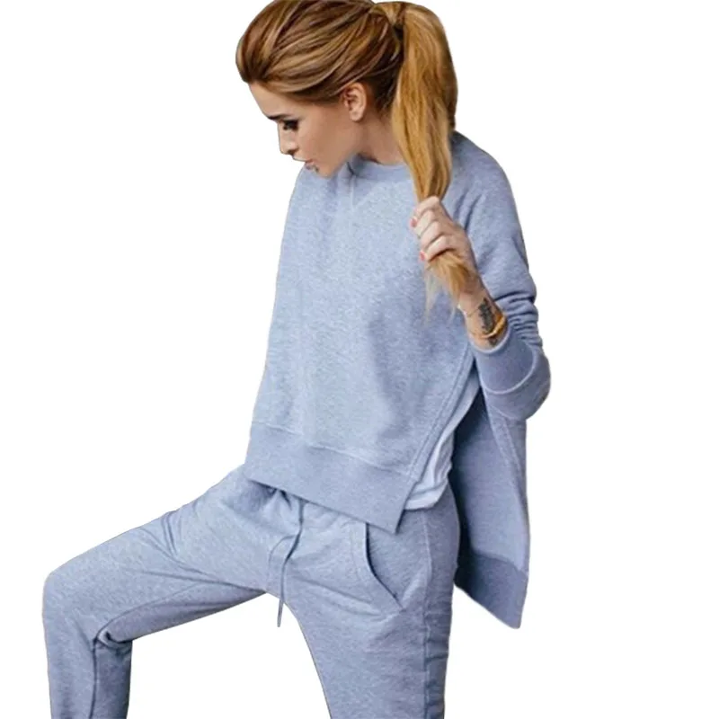 

2017 long pant suits western two piece set women irregular split hedging sweater sets women's cropped tracksuit vestidos LBD838