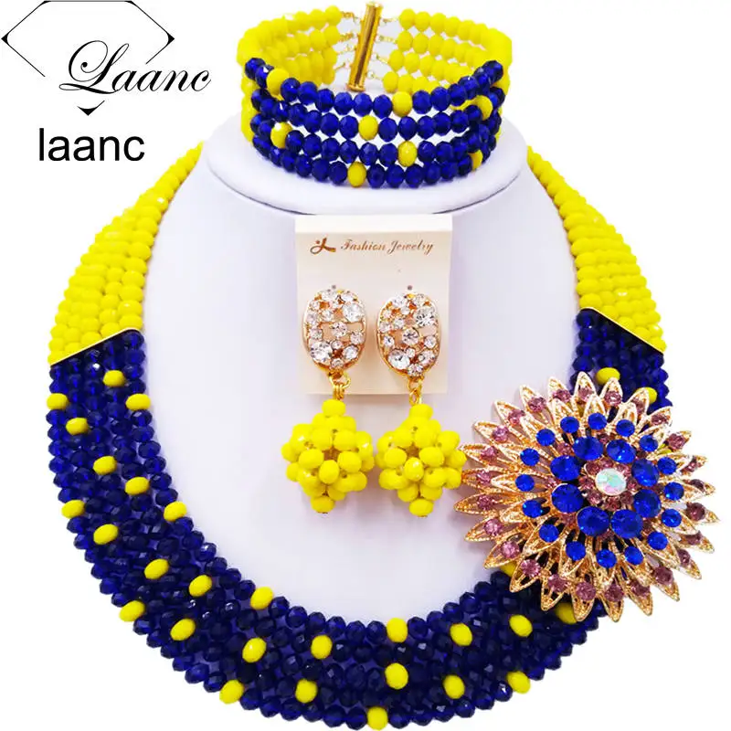 

Beautiful Opaque Yellow Royal Blue Crystal Beaded Necklaces Costume Nigerian Wedding African Beads Jewelry Set for Women 5SZK015
