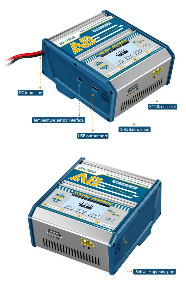 EV-PEAK A8 1350 ватт 45А Высокая емкость перезаряжаемый 1-8 ячеек батарейный блок DC баланс зарядное устройство с сенсорным экраном