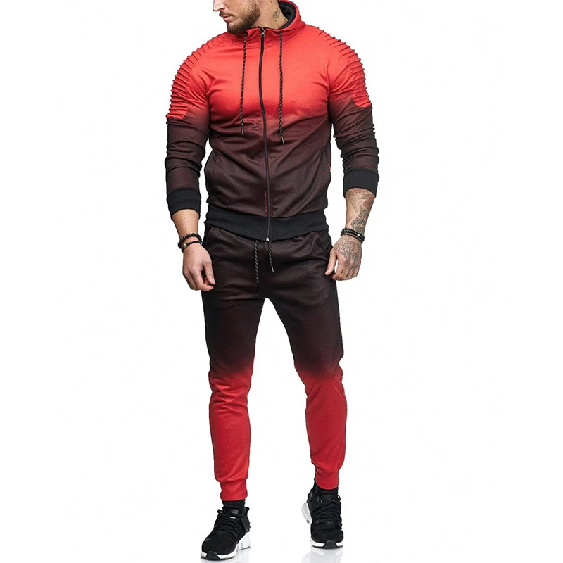 Zipper Tracksuit Men Set Sporting 2 Pieces Sweatsuit Men Clothes Color Gradient Printed Hooded Hoodies Pants Track Suits Male