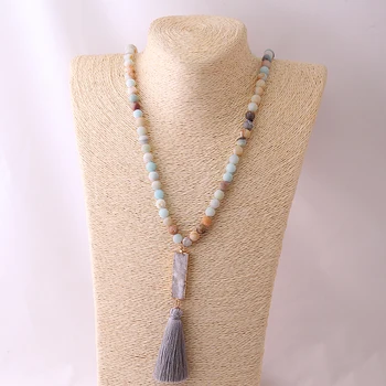 

Fashion Bohemian Tribal Jewelry Beads Halsband Frosted Amazonite Stones with White Rectangle Druzy Grey Tassel Necklace