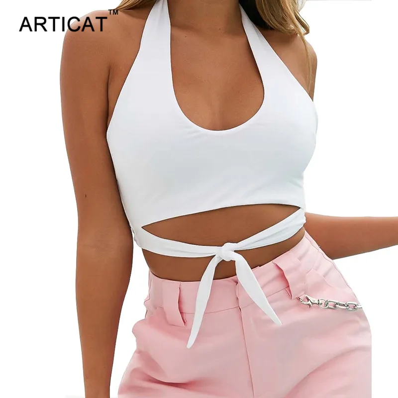 

Articat Solid Bow Tie Summer Shirt Camisole Women Tank Tops 2018 Sexy Halter Off Shoulder Wrap Sheath Backless White Crop Tops