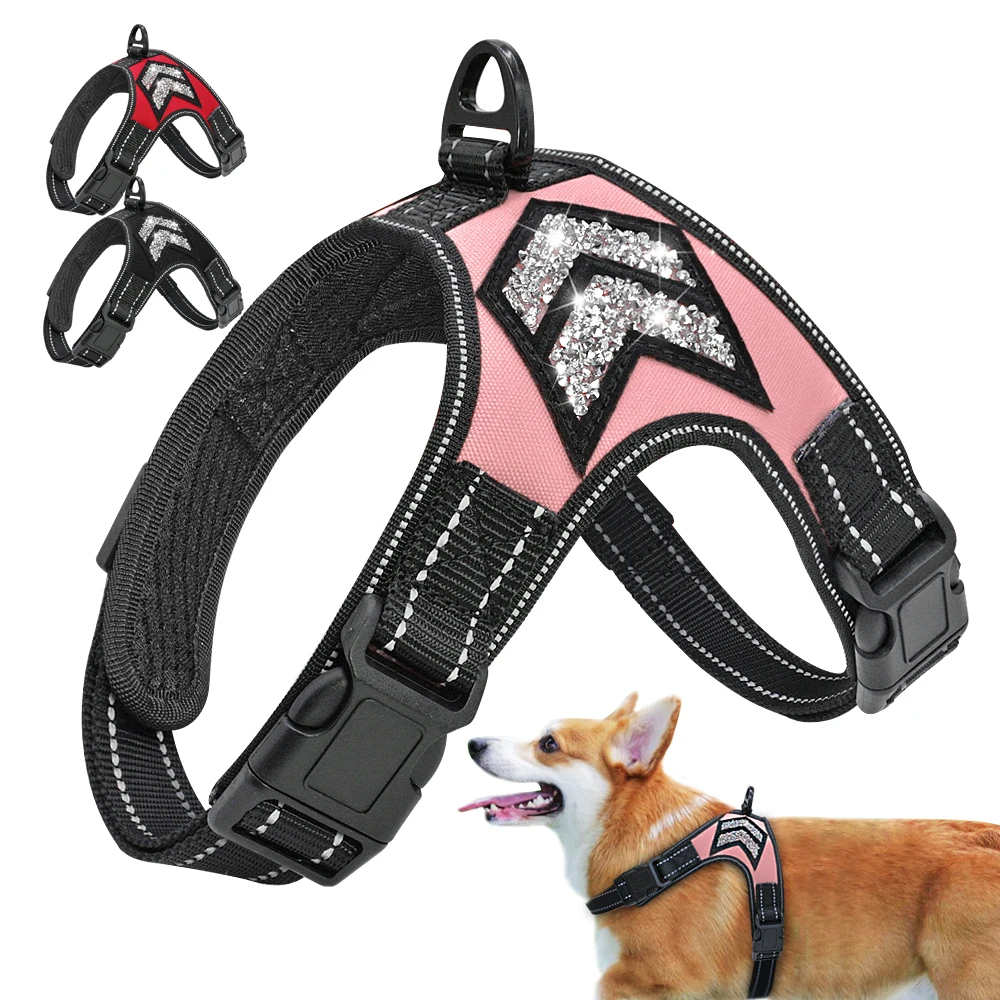 

Reflective Dog Harness Nylon Large Dog Harness for Pitbull French Bulldog German Shephard Bling Rhinestone Dog Harnesses S M L