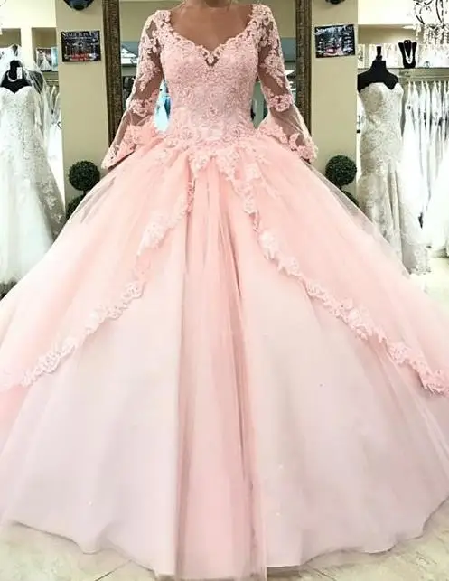 Светло-розовые платья Quinceanera одежда с длинным рукавом бальное платье принцессы Сладкие 16 день рождения сладкие девочки Пром специальный вечернее платье - Цвет: Розовый