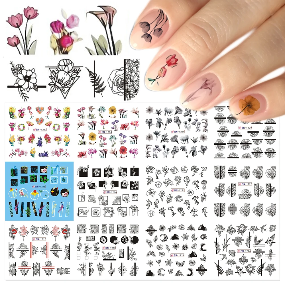 12 Тип наклейки для ногтей слайдер цветочный дизайн лист переводная наклейка на лак для ногтей украшения фольги советы CHBN1213-1224-1