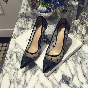 

Leather High-heeled Shoes 18 New Mesh Sexy Banquet Lace Tip Shoes Shallow Mesh Fine-heeled Single Shoe Women