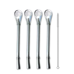 Yerba Mate Reusable Stainless Steel Straw Set with Cleaning Brush - Premium Metal Tea Tools and Bar Accessories (4-Pack) (Silver)