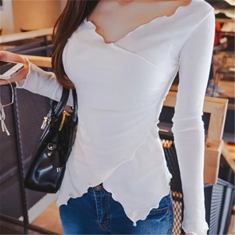 كشكش T قميص ملابس حريمي 2018 جديد Femininas تي شيرت برقبة مثلثة طويلة الأكمام التي شيرت تيز إمرأة قمم عارضة المحملة قميص فام كشكش T قميص ملابس حريمي 2018 جديد Femininas تي شيرت برقبة مثلثة طويلة الأكمام التي شيرت تيز إمرأة قمم عارضة المحملة قميص فام