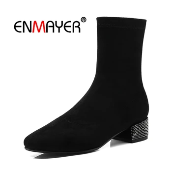 

ENMAYER Women Ankle boots Cow Suede Square toe Short Boots Winter High heels Shoes women Black Thick heels Knee high CR1438