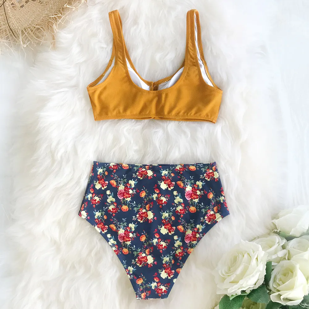 FREE SHIPPING Sexy Caramel Buttons High-waist Floral Bikini Swimsuit ...