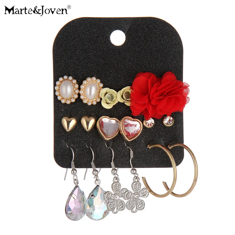 

Marte&Joven Wholesale 9 Pairs/Ccard Crystal Heart Mix Red Chiffon Flower Stud Earring Sets For Teen Girls