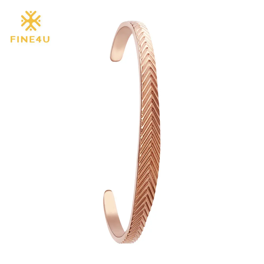 

FINE4U B093 Rose Gold Color Cuff Bracelet & Bangle 316L Stainless Steel Open Bangle Bracelet For Women Couple Bangle Lovers Gift