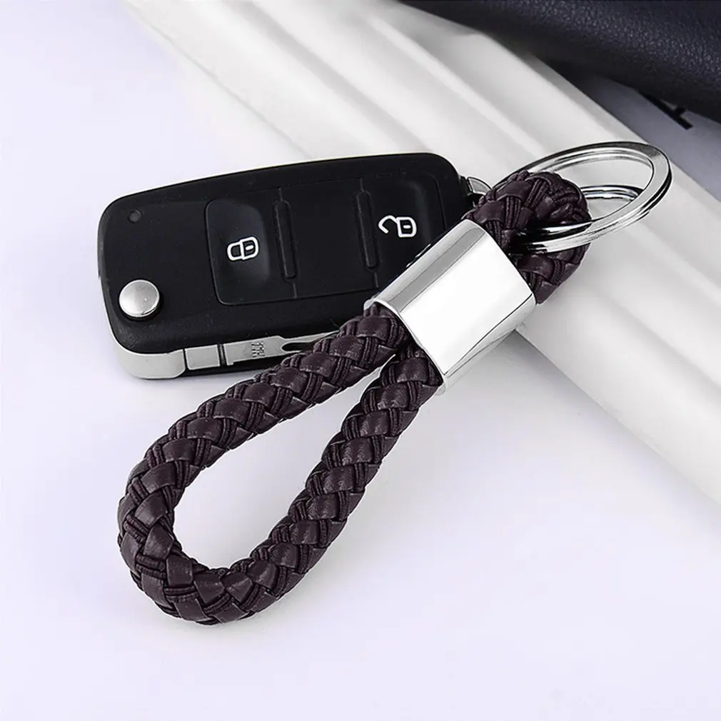 

Handmade Double Loop PU Braided Rope Keychain Car Key Chain Cool Metal Stainless Steel Car Key Ring Leather Keychain 2019