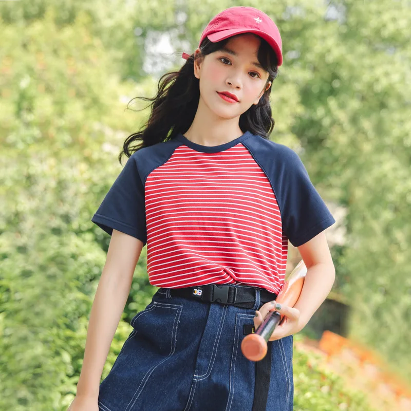 

2019 Summer Cotton T-shirts Women Popular Baseball Tennis Tops Tee Shirt Leisure Loose Short Sleeve Striped T-shirt femme